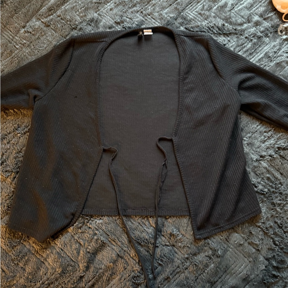 H&M Divided Black Ribbed Tie-Front Cardigan | Size L